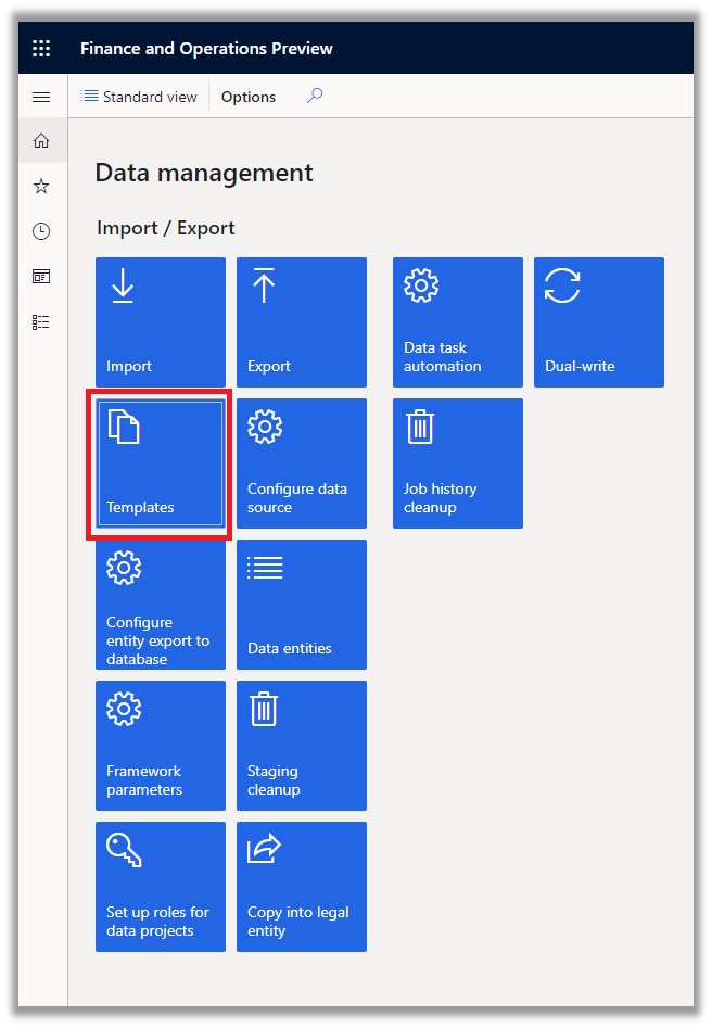 Data management import export templates