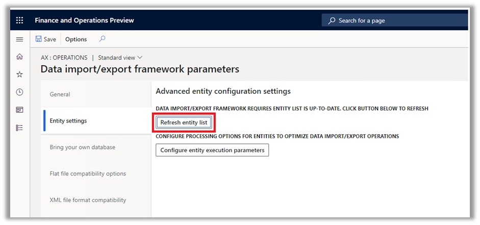 Data import/export Framework parameters